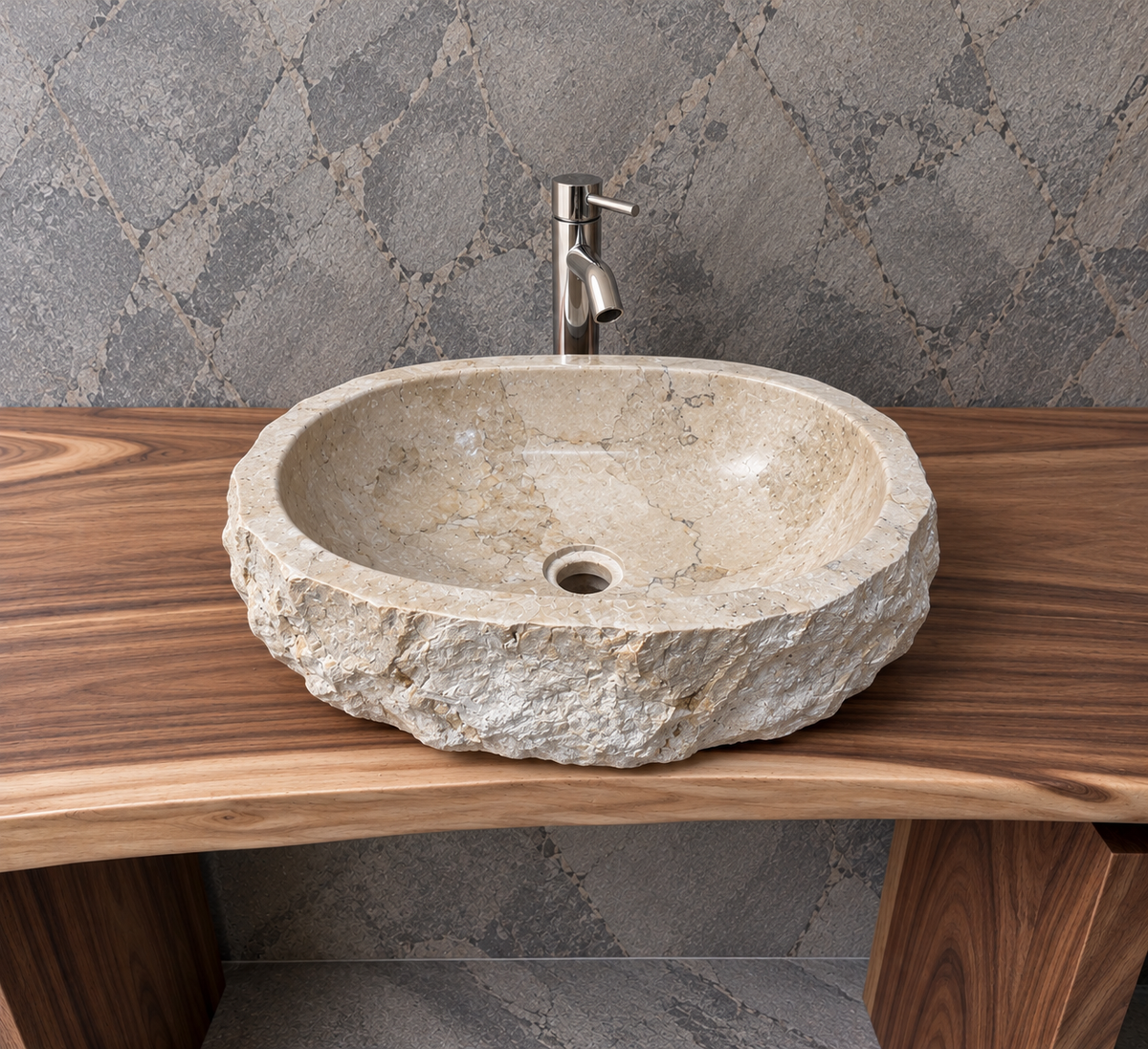60cm Naturstein Waschbecken aus Beige Marmor – Stein Struktur