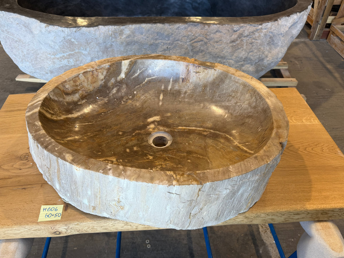 60cm Waschbecken aus versteinertem Holz – Ein Kunstwerk der Natur seit Millionen von Jahren