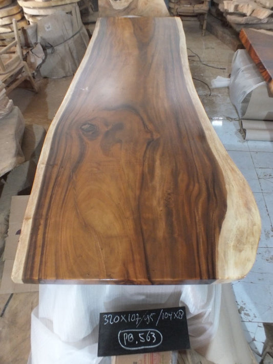 Suar Tischplatte 320 × 107 × 95 × 104 × 8 cm – Massivholz Baumkante aus einem Stück