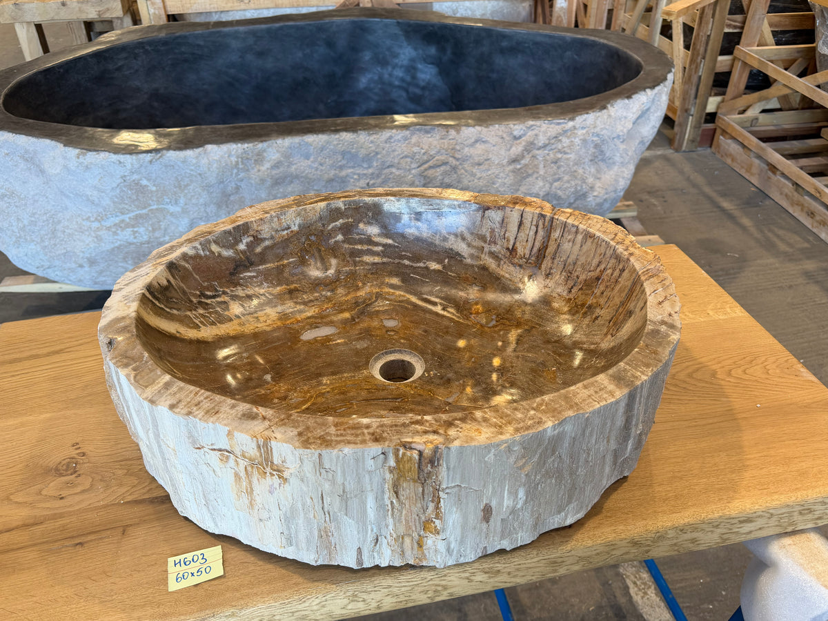 60cm Waschbecken aus versteinertem Holz – Ein Kunstwerk der Natur seit Millionen von Jahren