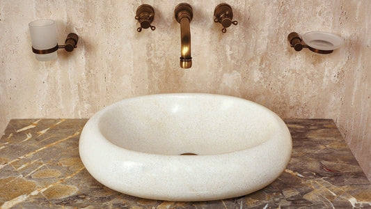 Onyx Waschbecken Weiß-Beige – Luxuriöses Naturstein Aufsatzwaschbecken | Handgefertigtes Unikat