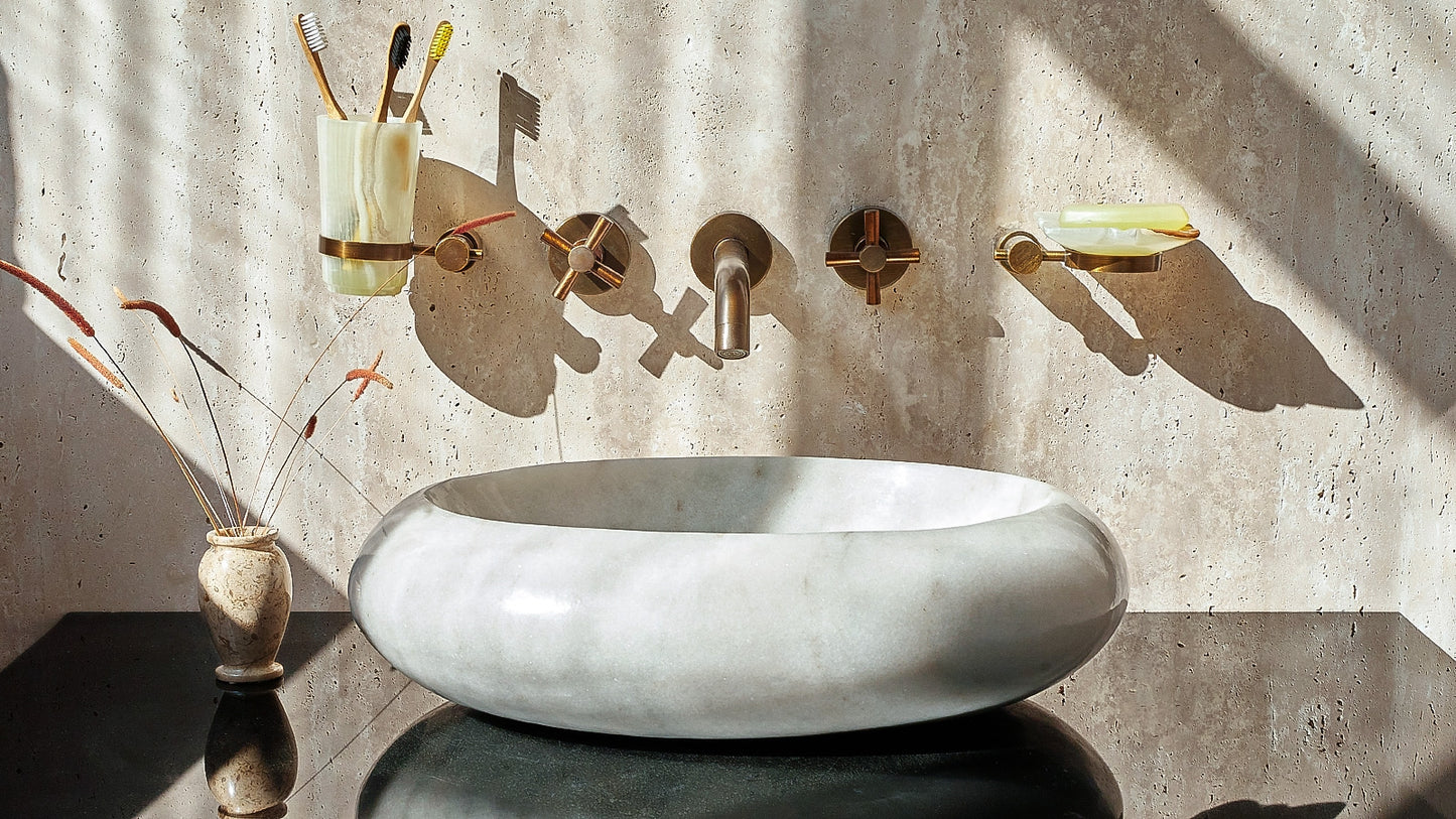 Onyx Waschbecken Weiß-Beige – Luxuriöses Naturstein Aufsatzwaschbecken | Handgefertigtes Unikat