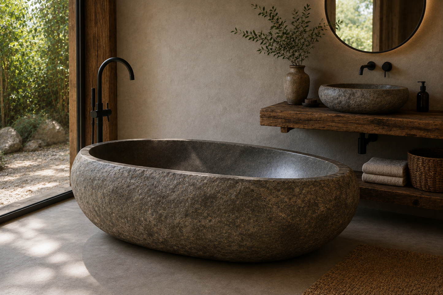 Luxus Flussstein Badewanne – Freistehend 170 × 90 cm | Massiver Naturstein