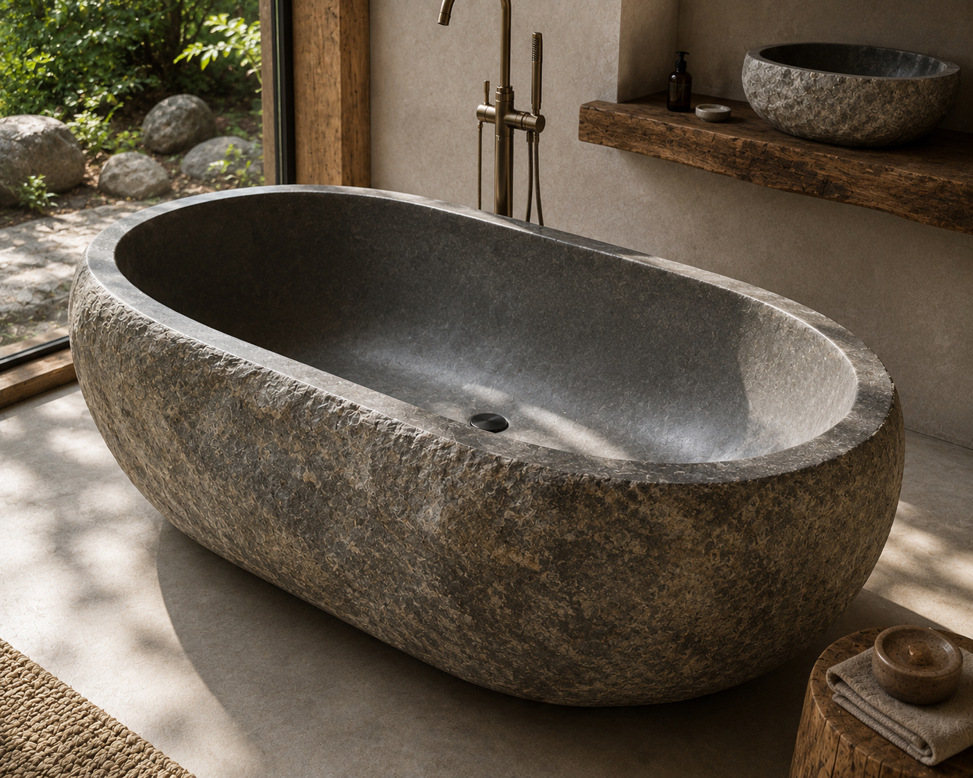 Luxus Flussstein Badewanne – Freistehend 170 × 90 cm | Massiver Naturstein