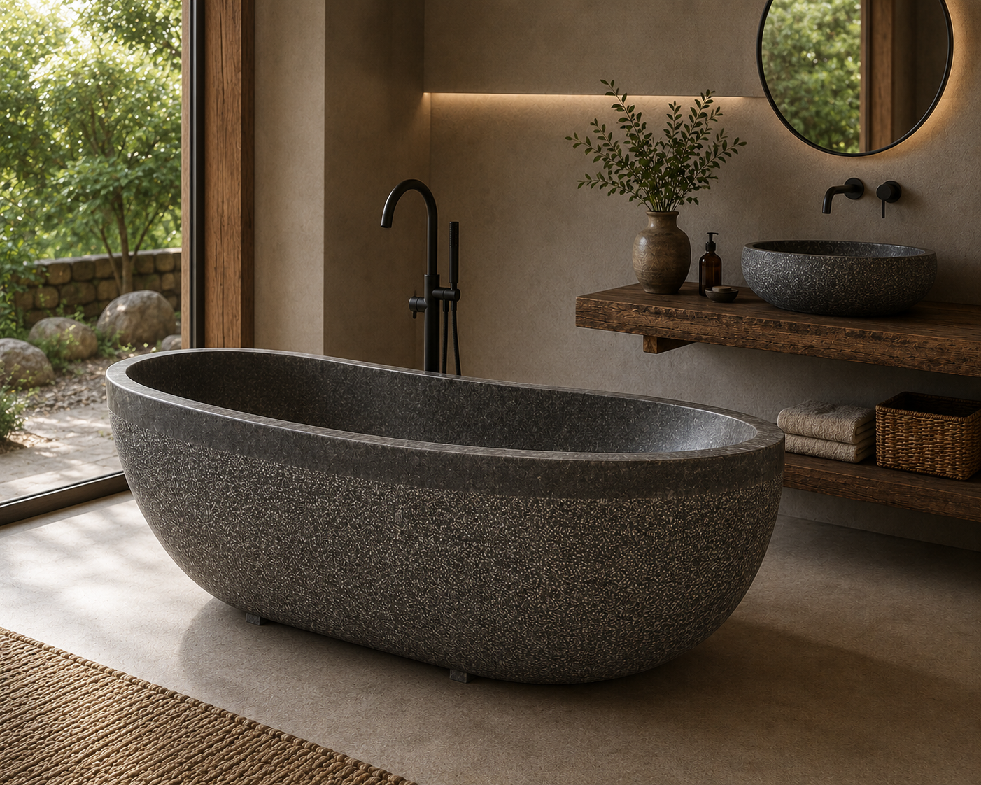 Freistehende Naturstein Badewanne Grau – 170 × 90 cm | Massiver Steinblock
