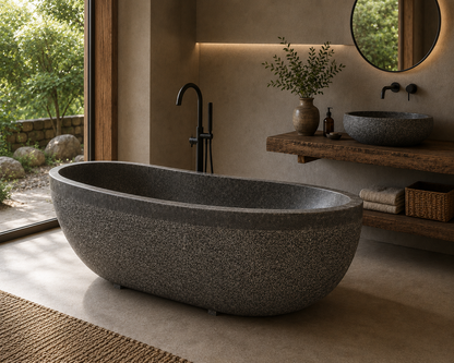 Freistehende Naturstein Badewanne Grau – 170 × 90 cm | Massiver Steinblock